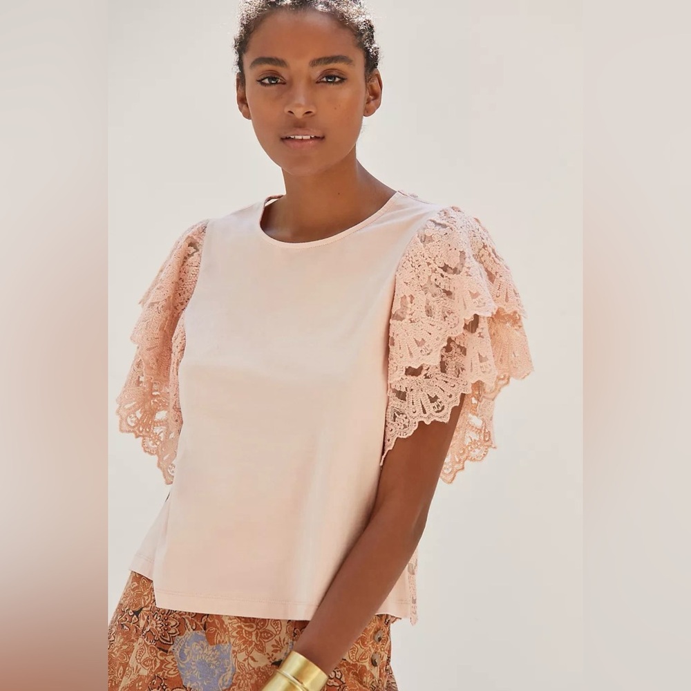 Women's Short Sleeve Tee with Lace Flutter Sleeves Blush forever that girl small